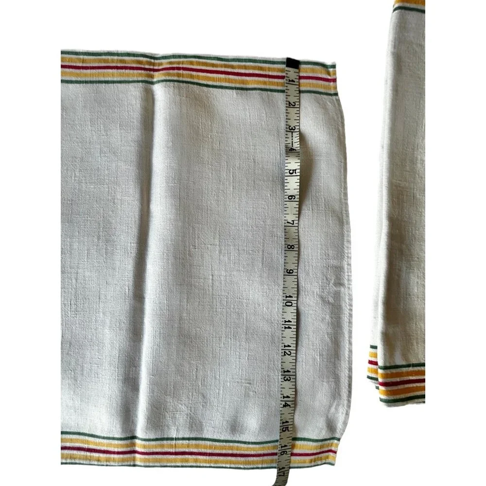 4 Vintage White Linen Cotton Dishtowels Yellow Red Green Stripes 33x17